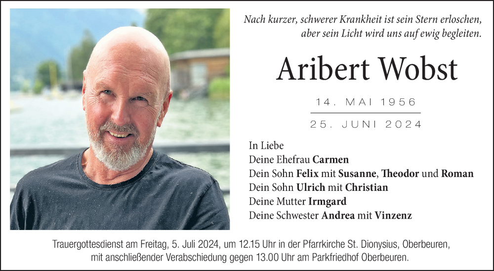  Traueranzeige für Aribert Wobst vom 29.06.2024 aus Allgäuer Zeitung, Kaufbeuren/Buchloe