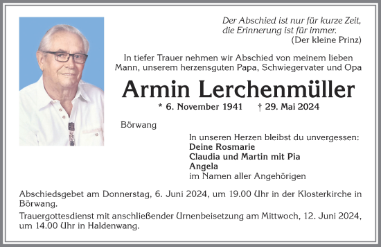 Traueranzeige von Armin Lerchenmüller von Allgäuer Zeitung,Kempten