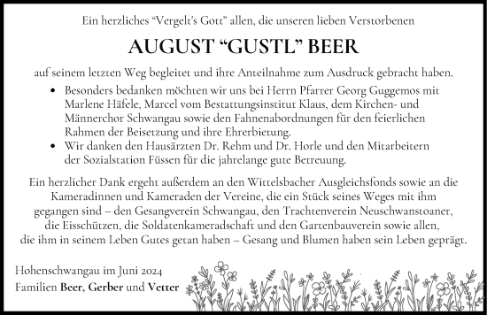 Traueranzeige von August Beer von Allgäuer Zeitung, Füssen