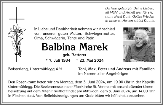 Traueranzeige von Balbina Marek von Allgäuer Anzeigeblatt