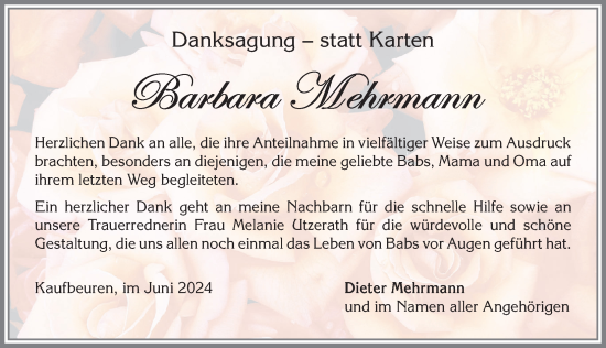 Traueranzeige von Barbara Mehrmann von Allgäuer Zeitung, Kaufbeuren/Buchloe