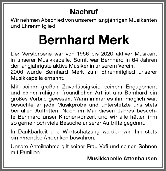 Traueranzeige von Bernhard Merk von Memminger Zeitung