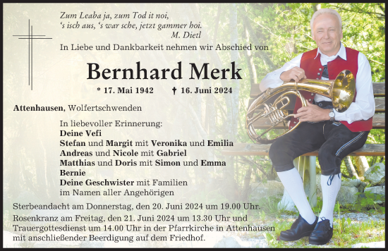 Traueranzeige von Bernhard Merk von Memminger Zeitung