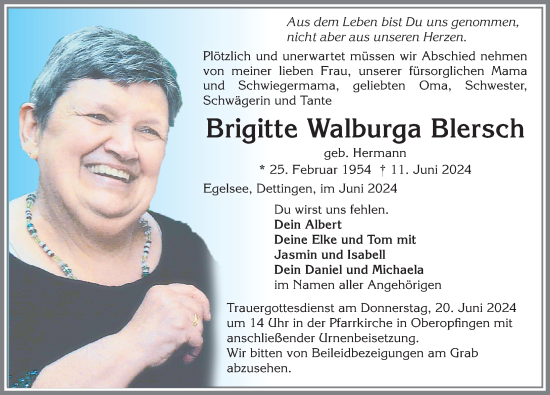 Traueranzeige von Brigitte Walburga Blersch von Memminger Zeitung