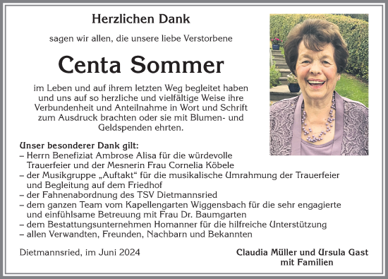 Traueranzeige von Centa Sommer von Allgäuer Zeitung,Kempten