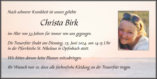 Traueranzeige von Christa Birk von Der Westallgäuer