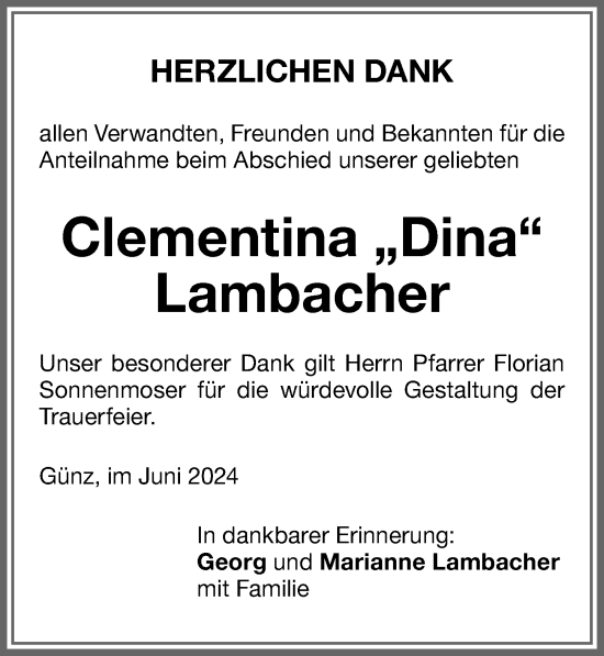 Traueranzeige von Clementina Lambacher von Memminger Zeitung