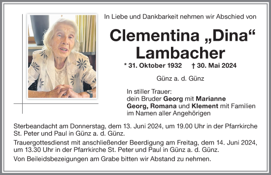 Traueranzeige von Clementina Lambacher von Memminger Zeitung