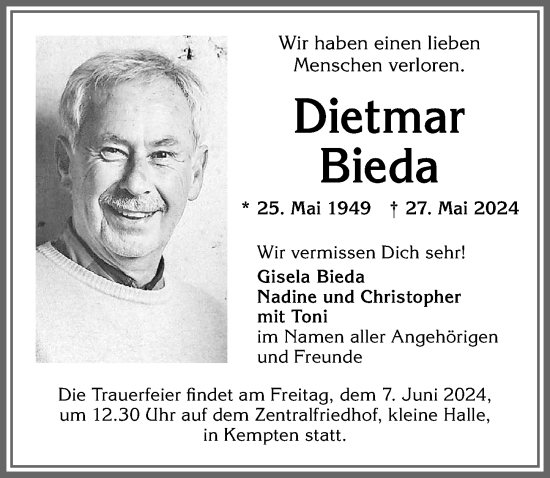 Traueranzeige von Dietmar Bieda von Allgäuer Zeitung,Kempten