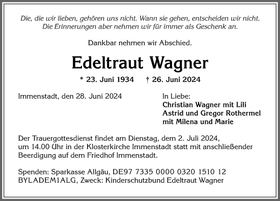 Traueranzeige von Edeltraut Wagner von Allgäuer Anzeigeblatt