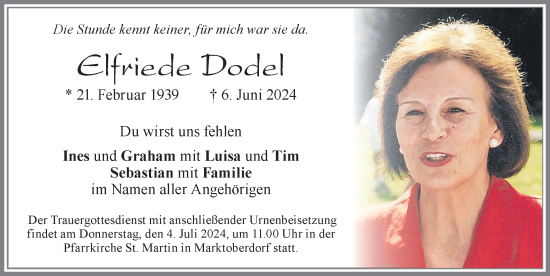Traueranzeige von Elfriede Dodel von Allgäuer Zeitung, Marktoberdorf
