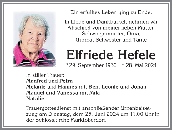 Traueranzeige von Elfriede Hefele von Allgäuer Zeitung, Marktoberdorf