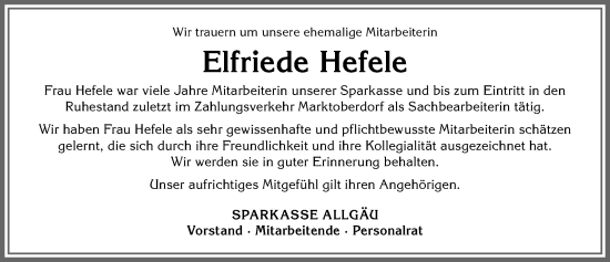 Traueranzeige von Elfriede Hefele von Allgäuer Zeitung, Marktoberdorf