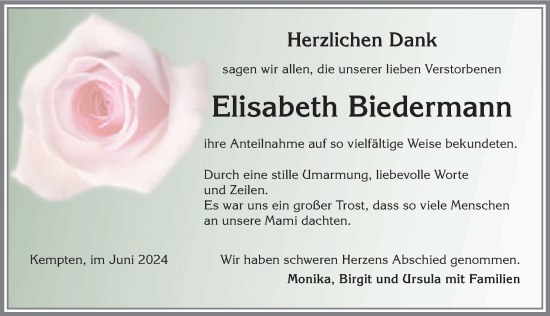 Traueranzeige von Elisabeth Biedermann von Allgäuer Zeitung,Kempten