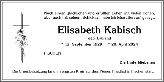 Traueranzeige von Elisabeth Kabisch von Allgäuer Anzeigeblatt