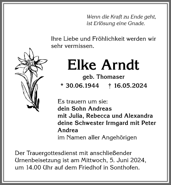 Traueranzeige von Elke Arndt von Allgäuer Anzeigeblatt
