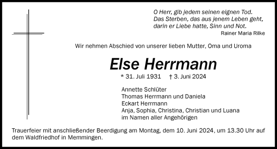 Traueranzeige von Else Herrmann von Memminger Zeitung