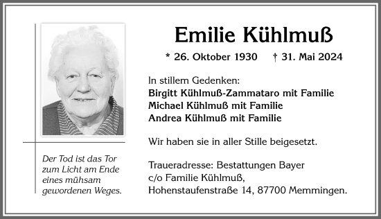 Traueranzeige von Emilie Kühlmuß von Memminger Zeitung