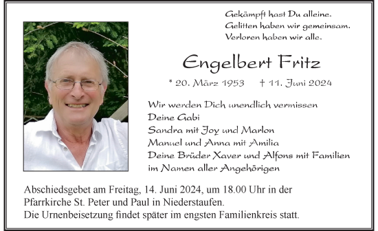 Traueranzeige von Engelbert Fritz von Der Westallgäuer