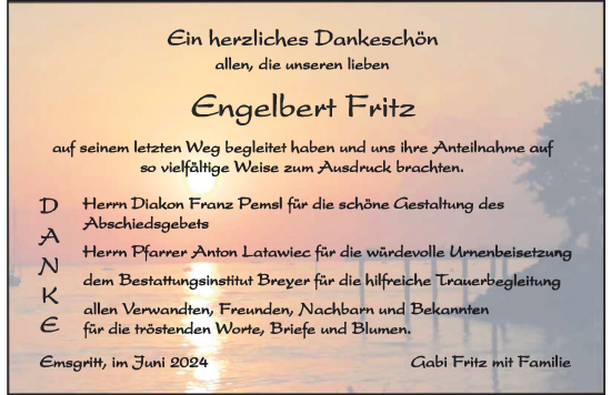 Traueranzeige von Engelbert Fritz von Der Westallgäuer