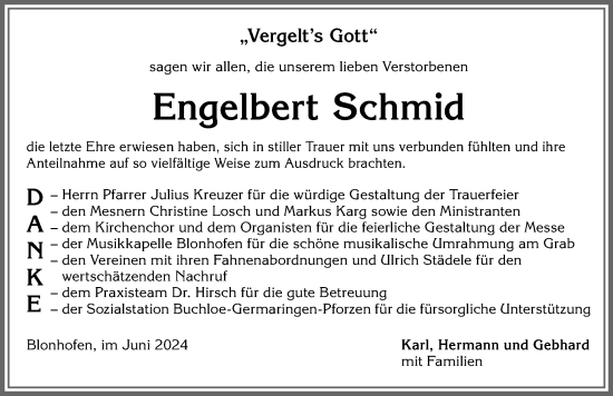 Traueranzeige von Engelbert Schmid von Allgäuer Zeitung, Kaufbeuren/Buchloe