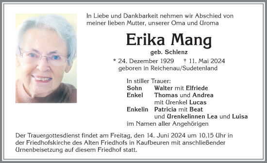 Traueranzeige von Erika Mang von Allgäuer Zeitung, Kaufbeuren/Buchloe