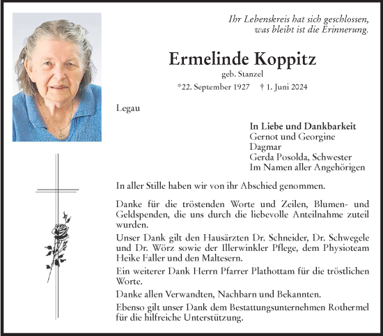 Traueranzeige von Ermelinde Koppitz von Memminger Zeitung