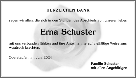 Traueranzeige von Erna Schuster von Allgäuer Anzeigeblatt