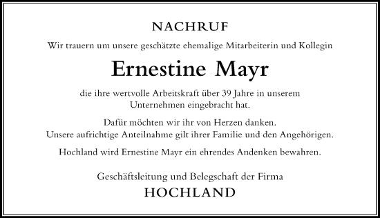 Traueranzeige von Ernestine Mayr von Der Westallgäuer