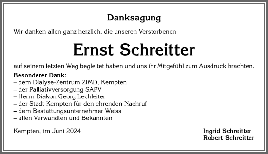 Traueranzeige von Ernst Schreitter von Allgäuer Zeitung,Kempten