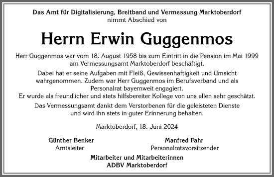 Traueranzeige von Erwin Guggenmos von Allgäuer Zeitung, Marktoberdorf