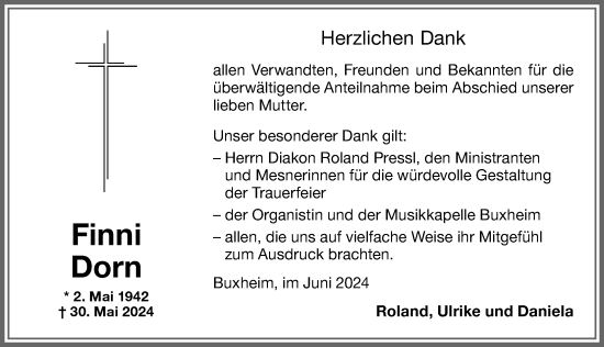 Traueranzeige von Finni Dorn von Memminger Zeitung