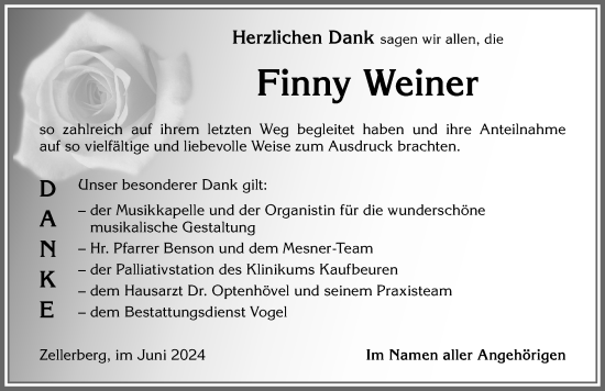 Traueranzeige von Finny Weiner von Mindelheimer Zeitung, Augsburger Allgemeine