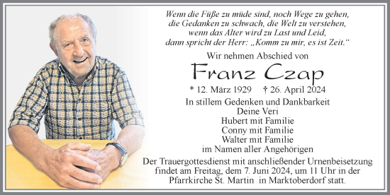 Traueranzeige von Franz Czap von Allgäuer Zeitung, Marktoberdorf