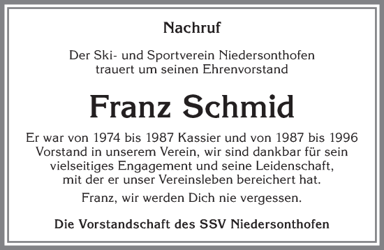 Traueranzeige von Franz Schmid von Allgäuer Anzeigeblatt