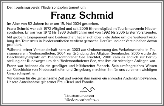Traueranzeige von Franz Schmid von Allgäuer Anzeigeblatt