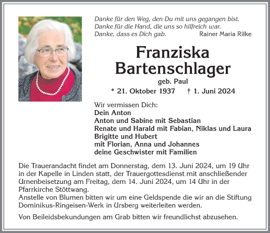 Traueranzeige von Franziska Bartenschlager von Allgäuer Zeitung, Kaufbeuren/Buchloe