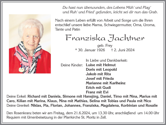 Traueranzeige von Franziska Jachtner von Allgäuer Zeitung, Füssen