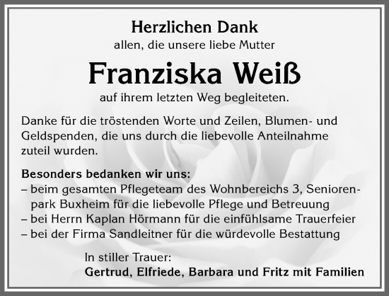Traueranzeige von Franziska Weiß von Memminger Zeitung