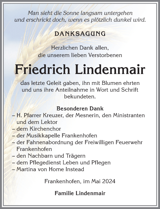 Traueranzeige von Friedrich Lindenmair von Allgäuer Zeitung, Kaufbeuren/Buchloe