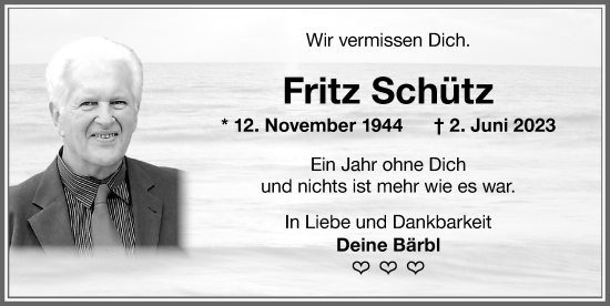 Traueranzeige von Fritz Schütz von Memminger Zeitung
