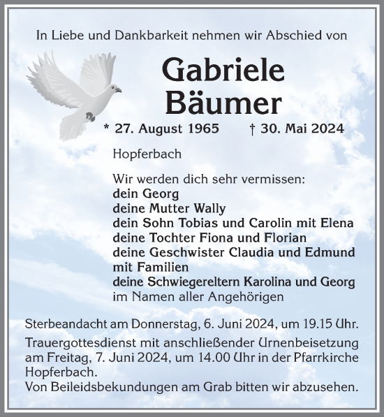 Traueranzeige von Gabriele Bäumer von Allgäuer Zeitung, Marktoberdorf