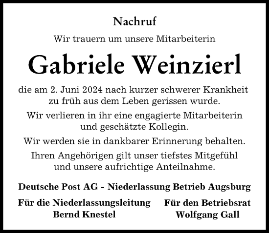 Traueranzeige von Gabriele Weinzierl von Allgäuer Zeitung, Gesamtausgabe