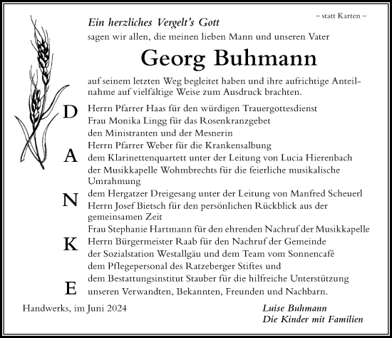 Traueranzeige von Georg Buhmann von Der Westallgäuer
