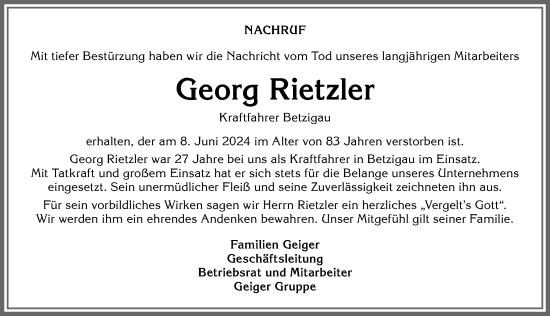 Traueranzeige von Georg Rietzler von Allgäuer Zeitung, Füssen