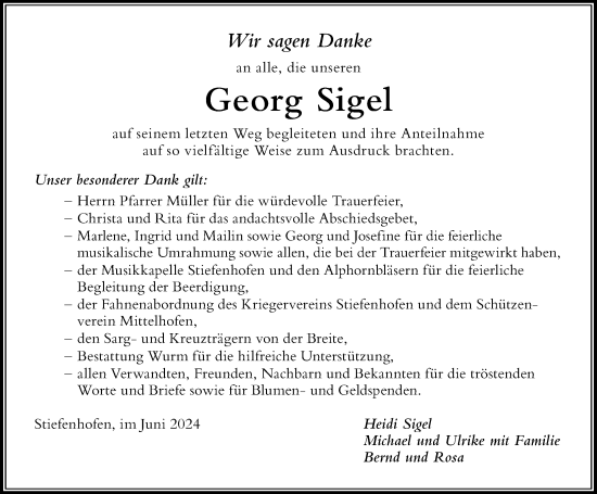 Traueranzeige von Georg Sigel von Der Westallgäuer