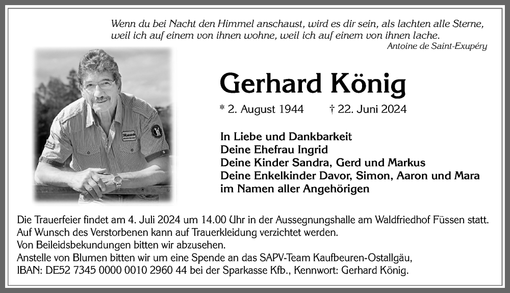  Traueranzeige für Gerhard König vom 29.06.2024 aus Allgäuer Zeitung, Füssen