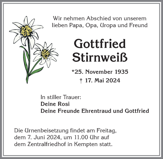 Traueranzeige von Gottfried Stirnweiß von Allgäuer Anzeigeblatt