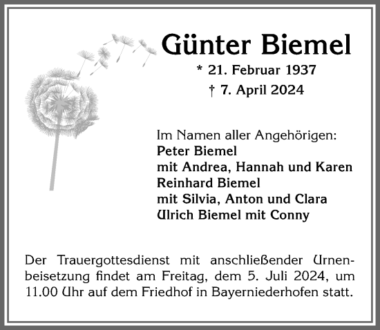 Traueranzeige von Günter Biemel von Allgäuer Zeitung, Füssen