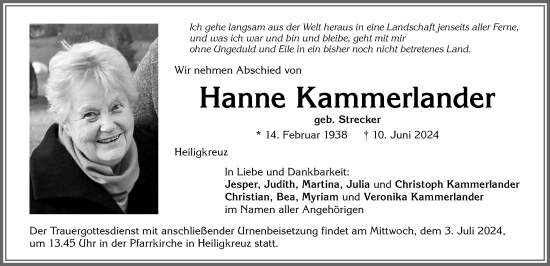 Traueranzeige von Hanne Kammerlander von Allgäuer Zeitung,Kempten